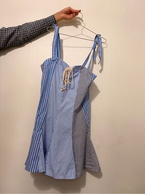 Re/Done Blue and White Striped Tie-Shoulder Sundress